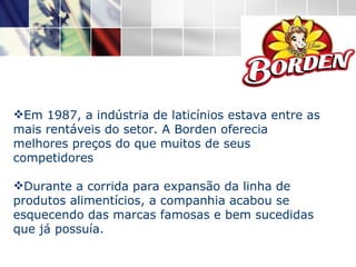 Em 1987, a indústria de laticínios estava entre as mais rentáveis do setor. A Borden oferecia melhores preços do que muitos de seus competidores Durante a corrida para expansão da linha de produtos alimentícios, a companhia acabou se esquecendo das marcas famosas e bem sucedidas que já possuía. 