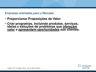 Empresas orientadas para o Mercado
 Proporcionar Proposições de Valor
 Criar programas, incluindo produtos, serviços,
  ideias e soluções de problemas que ofereçam
  valor e apresentem oportunidades aos clientes.




 Copyright © 2011 by Cengage Learning. Todos os direitos reservados.
 