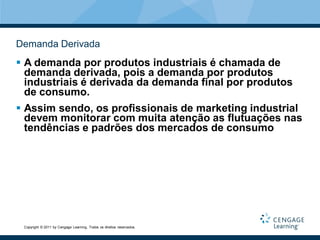 Demanda Derivada
 A demanda por produtos industriais é chamada de
  demanda derivada, pois a demanda por produtos
  industriais é derivada da demanda final por produtos
  de consumo.
 Assim sendo, os profissionais de marketing industrial
  devem monitorar com muita atenção as flutuações nas
  tendências e padrões dos mercados de consumo




 Copyright © 2011 by Cengage Learning. Todos os direitos reservados.
 
