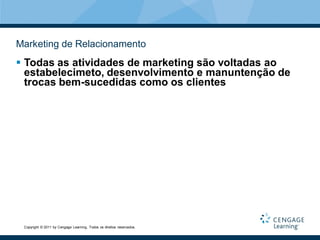 Marketing de Relacionamento
 Todas as atividades de marketing são voltadas ao
  estabelecimeto, desenvolvimento e manuntenção de
  trocas bem-sucedidas como os clientes




 Copyright © 2011 by Cengage Learning. Todos os direitos reservados.
 
