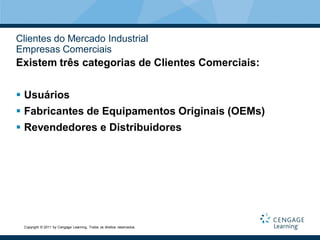 Clientes do Mercado Industrial
Empresas Comerciais
Existem três categorias de Clientes Comerciais:


 Usuários
 Fabricantes de Equipamentos Originais (OEMs)
 Revendedores e Distribuidores




 Copyright © 2011 by Cengage Learning. Todos os direitos reservados.
 