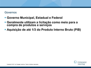Governos
 Governo Municipal, Estadual e Federal
 Geralmente utilizam a licitação como meio para a
  compra de produtos e serviços
 Aquisição de até 1/3 do Produto Interno Bruto (PIB)




 Copyright © 2011 by Cengage Learning. Todos os direitos reservados.
 