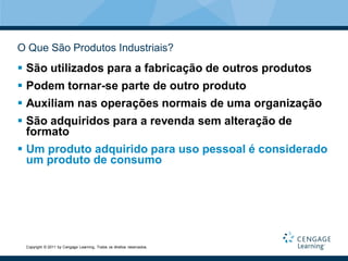 O Que São Produtos Industriais?
 São utilizados para a fabricação de outros produtos
 Podem tornar-se parte de outro produto
 Auxiliam nas operações normais de uma organização
 São adquiridos para a revenda sem alteração de
  formato
 Um produto adquirido para uso pessoal é considerado
  um produto de consumo




 Copyright © 2011 by Cengage Learning. Todos os direitos reservados.
 