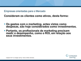 Empresas orientadas para o Mercado
Consideram os clientes como ativos, desta forma:


 Os gastos com o marketing, antes vistos como
  despesas, são hoje considerados como investimentos.
 Portanto, os profissionais de marketing precisam
  medir o desempenho, como o ROI, em relação aos
  seus investimentos.




 Copyright © 2011 by Cengage Learning. Todos os direitos reservados.
 