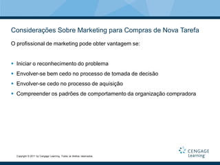 Considerações Sobre Marketing para Compras de Nova Tarefa
O profissional de marketing pode obter vantagem se:


 Iniciar o reconhecimento do problema
 Envolver-se bem cedo no processo de tomada de decisão
 Envolver-se cedo no processo de aquisição
 Compreender os padrões de comportamento da organização compradora




  Copyright © 2011 by Cengage Learning. Todos os direitos reservados.
 