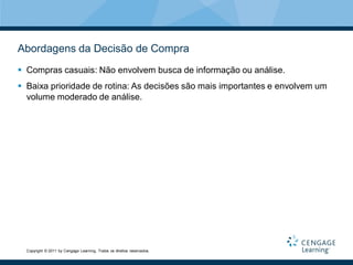 Abordagens da Decisão de Compra
 Compras casuais: Não envolvem busca de informação ou análise.
 Baixa prioridade de rotina: As decisões são mais importantes e envolvem um
  volume moderado de análise.




  Copyright © 2011 by Cengage Learning. Todos os direitos reservados.
 