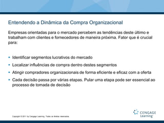 Entendendo a Dinâmica da Compra Organizacional
Empresas orientadas para o mercado percebem as tendências deste último e
trabalham com clientes e fornecedores de maneira próxima. Fator que é crucial
para:


 Identificar segmentos lucrativos do mercado
 Localizar influências de compra dentro destes segmentos
 Atingir compradores organizacionais de forma eficiente e eficaz com a oferta
 Cada decisão passa por várias etapas. Pular uma etapa pode ser essencial ao
  processo de tomada de decisão




  Copyright © 2011 by Cengage Learning. Todos os direitos reservados.
 