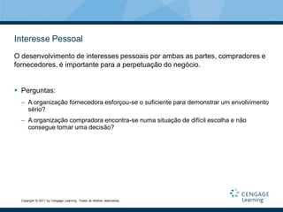 Interesse Pessoal
O desenvolvimento de interesses pessoais por ambas as partes, compradores e
fornecedores, é importante para a perpetuação do negócio.


 Perguntas:
  – A organização fornecedora esforçou-se o suficiente para demonstrar um envolvimento
    sério?
  – A organização compradora encontra-se numa situação de difícil escolha e não
    consegue tomar uma decisão?




  Copyright © 2011 by Cengage Learning. Todos os direitos reservados.
 
