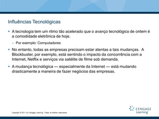 Influências Tecnológicas
 A tecnologia tem um ritmo tão acelerado que o avanço tecnológico de ontem é
  a comodidade eletrônica de hoje.
  – Por exemplo: Computadores
 No entanto, todas as empresas precisam estar atentas a tais mudanças. A
  Blockbuster, por exemplo, está sentindo o impacto da concorrência com a
  Internet, Netflix e serviços via satélite de filme sob demanda.
 A mudança tecnológica — especialmente da Internet — está mudando
  drasticamente a maneira de fazer negócios das empresas.




  Copyright © 2011 by Cengage Learning. Todos os direitos reservados.
 