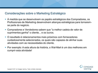 Considerações sobre o Marketing Estratégico
 À medida que se desenvolvem os papéis estratégicos dos Compradores, os
  Profissionais de Marketing desenvolvem alianças estratégicas para tornarem-
  se parte do negócio.
 Compradores e Vendedores sabem que "a melhor cadeia de valor de
  suprimentos ganha" o cliente... e os lucros.
 O resultado é relacionamentos mais próximos com fornecedores
  cuidadosamente selecionados, os quais são capazes de alinhar suas
  atividades com as necessidades do cliente.
 Por exemplo: A esta altura da história, o Wal-Mart é um dos melhores em
  cumprir esta atividade!




  Copyright © 2011 by Cengage Learning. Todos os direitos reservados.
 