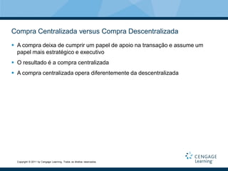 Compra Centralizada versus Compra Descentralizada
 A compra deixa de cumprir um papel de apoio na transação e assume um
  papel mais estratégico e executivo
 O resultado é a compra centralizada
 A compra centralizada opera diferentemente da descentralizada




  Copyright © 2011 by Cengage Learning. Todos os direitos reservados.
 