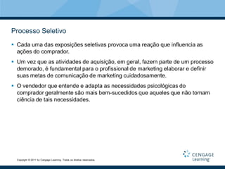 Processo Seletivo
 Cada uma das exposições seletivas provoca uma reação que influencia as
  ações do comprador.
 Um vez que as atividades de aquisição, em geral, fazem parte de um processo
  demorado, é fundamental para o profissional de marketing elaborar e definir
  suas metas de comunicação de marketing cuidadosamente.
 O vendedor que entende e adapta as necessidades psicológicas do
  comprador geralmente são mais bem-sucedidos que aqueles que não tomam
  ciência de tais necessidades.




  Copyright © 2011 by Cengage Learning. Todos os direitos reservados.
 