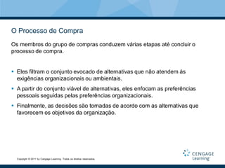 O Processo de Compra
Os membros do grupo de compras conduzem várias etapas até concluir o
processo de compra.


 Eles filtram o conjunto evocado de alternativas que não atendem às
  exigências organizacionais ou ambientais.
 A partir do conjunto viável de alternativas, eles enfocam as preferências
  pessoais seguidas pelas preferências organizacionais.
 Finalmente, as decisões são tomadas de acordo com as alternativas que
  favorecem os objetivos da organização.




  Copyright © 2011 by Cengage Learning. Todos os direitos reservados.
 