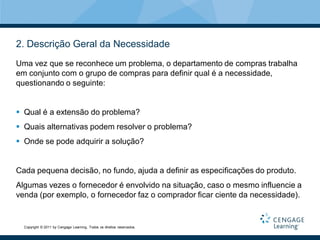 2. Descrição Geral da Necessidade
Uma vez que se reconhece um problema, o departamento de compras trabalha
em conjunto com o grupo de compras para definir qual é a necessidade,
questionando o seguinte:


 Qual é a extensão do problema?
 Quais alternativas podem resolver o problema?
 Onde se pode adquirir a solução?


Cada pequena decisão, no fundo, ajuda a definir as especificações do produto.
Algumas vezes o fornecedor é envolvido na situação, caso o mesmo influencie a
venda (por exemplo, o fornecedor faz o comprador ficar ciente da necessidade).


  Copyright © 2011 by Cengage Learning. Todos os direitos reservados.
 
