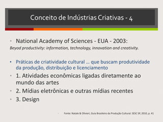 Conceito de Indústrias Criativas - 4
• National Academy of Sciences - EUA - 2003:
Beyod productivity: information, technology, innovation and creativity.
• Práticas de criatividade cultural … que buscam produtividade
da produção, distribuição e licenciamento
• 1. Atividades econômicas ligadas diretamente ao
mundo das artes
• 2. Mídias eletrônicas e outras mídias recentes
• 3. Design
• Fonte: Natale & Olivieri, Guia Brasileiro da Produção Cultural. SESC SP, 2010, p. 41
 