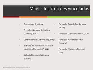 Histórico no Brasil - 4
 . 12 /4/1990 - governo Collor de Mello - Secretaria da
Cultura, diretamente vinculada à Presidência da República.
 . Situação revertida em 19 /11/1992, pela lei nº 8.490, no
governo Itamar Franco.
 . FHC - estrutura reorganizada - lei nº 9.649 27/5/1998.
Me Militão Ricardo mrmaya@uol.com.br
 