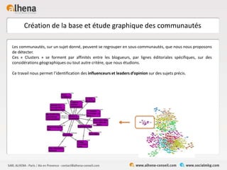 Création de la base et étude graphique des communautés
Les communautés, sur un sujet donné, peuvent se regrouper en sous-communautés, que nous nous proposons
de détecter.
Ces « Clusters » se forment par affinités entre les blogueurs, par lignes éditoriales spécifiques, sur des
considérations géographiques ou tout autre critère, que nous étudions.
Ce travail nous permet l’identification des influenceurs et leaders d’opinion sur des sujets précis.
 