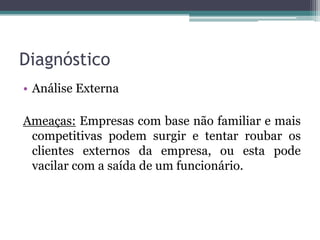DiagnósticoAnálise ExternaAmeaças: Empresas com base não familiar e mais competitivas podem surgir e tentar roubar os clientes externos da empresa, ou esta pode vacilar com a saída de um funcionário.