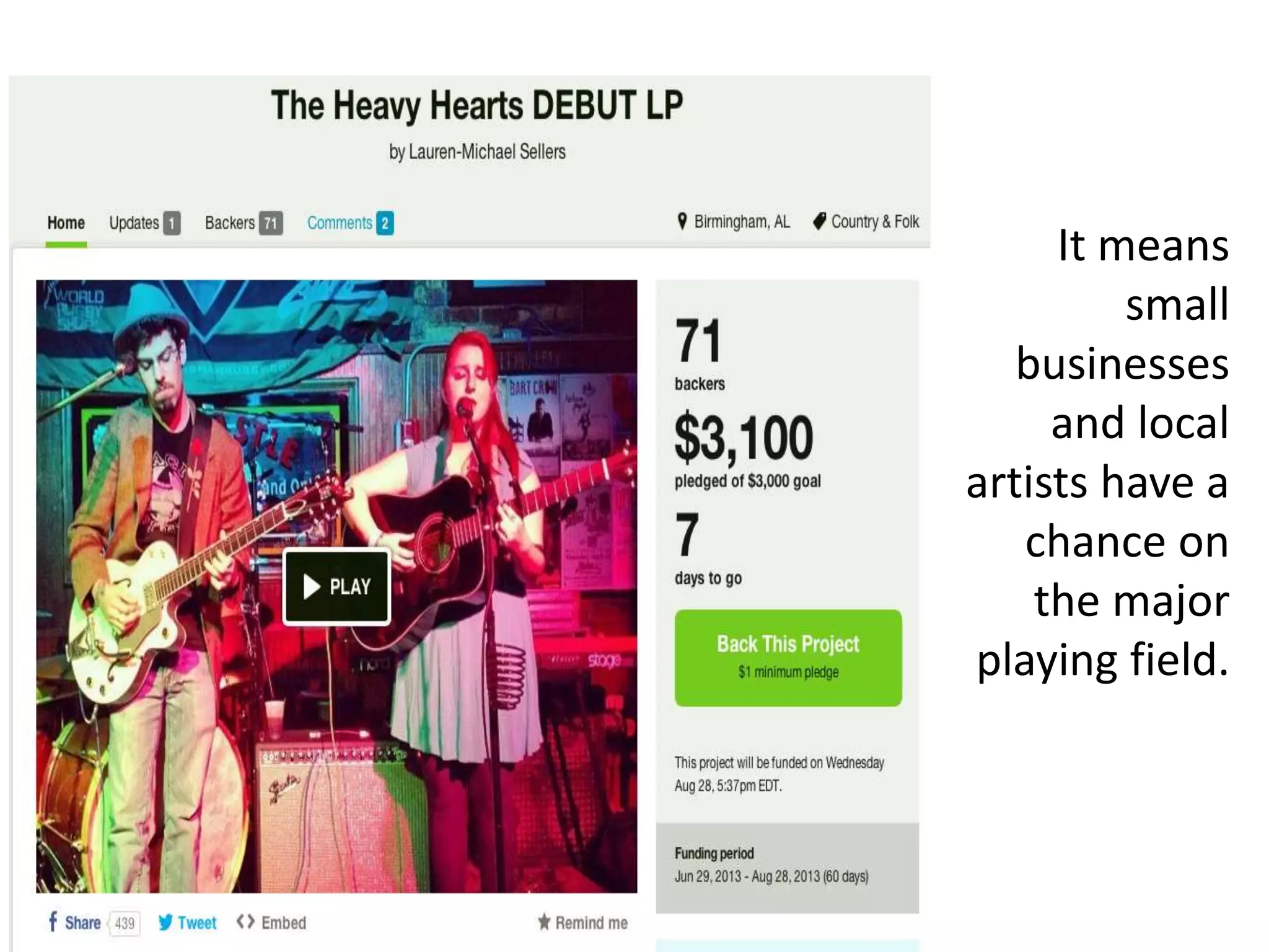 It means
small
businesses
and local
artists have a
chance on
the major
playing field.
 