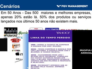 Em 50 Anos - Das 500 maiores e melhores empresas,
apenas 20% estão lá. 50% dos produtos ou serviços
lançados nos últimos 50 anos não existem mais.
Cenários
 