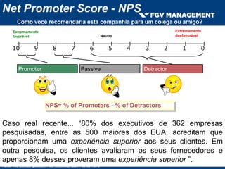 Net Promoter Score - NPS
Extremamente
desfavorável
Promoter Passive Detractor
10 9 8 7 6 5 4 3 2 1 0
Extremamente
favorável Neutro
NPS= % of Promoters - % of Detractors
Fonte: The ultimate question, Fred Reichheld, ISBN 1-59139-783-9
Como você recomendaria esta companhia para um colega ou amigo?
Caso real recente... “80% dos executivos de 362 empresas
pesquisadas, entre as 500 maiores dos EUA, acreditam que
proporcionam uma experiência superior aos seus clientes. Em
outra pesquisa, os clientes avaliaram os seus fornecedores e
apenas 8% desses proveram uma experiência superior ”.
 