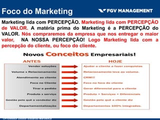 Marketing lida com PERCEPÇÃO. Marketing lida com PERCEPÇÃO
de VALOR. A matéria prima do Marketing é a PERCEPÇÃO do
VALOR. Nós compraremos da empresa que nos entregar o maior
valor, NA NOSSA PERCEPÇÃO! Logo Marketing lida com a
percepção do cliente, ou foco do cliente.
Foco do Marketing
©Professor Doutor Eduardo Maróstica
 