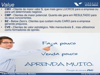 • CMV - Cliente de maior valor $, que mais gera LUCROS para a empresa ou
para um determinado negócio.
• CMP - Clientes de maior potencial. Quanto ele gera em RESULTADO para
os seus concorrentes.
• BZ - Below Zero’s. Clientes que custam muito CARO para a empresa
gerando prejuízos.
• CVE - Clientes de valor estratégico. Não mensuráveis $ , mas utilíssimos
como formadores de opinão.
Value
© 2017 Professor PHD Eduardo Maróstica
 