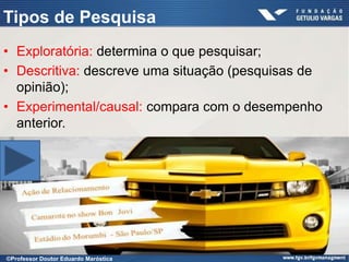 Tipos de Pesquisa
• Exploratória: determina o que pesquisar;
• Descritiva: descreve uma situação (pesquisas de
opinião);
• Experimental/causal: compara com o desempenho
anterior.
©Professor Doutor Eduardo Maróstica
 