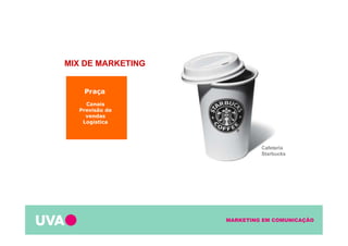 MARKETING EM COMUNICAÇÃO
Praça
Canais
Previsão de
vendas
Logística
MIX DE MARKETING
Cafeteria
Starbucks
 