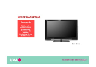MARKETING EM COMUNICAÇÃO
Promoção
Público-alvo
Venda Pessoal
Propaganda
Promoção de
vendas
Marketing direto
Publicidade
MIX DE MARKETING
Sony Bravia
 