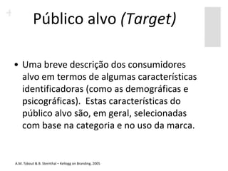 Público alvo (Target)

• Uma breve descrição dos consumidores
  alvo em termos de algumas características
  identificadoras (como as demográficas e
  psicográficas). Estas características do
  público alvo são, em geral, selecionadas
  com base na categoria e no uso da marca.


A.M. Tybout & B. Sternthal – Kellogg on Branding, 2005
 