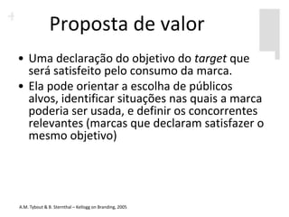 Proposta de valor
• Uma declaração do objetivo do target que
  será satisfeito pelo consumo da marca.
• Ela pode orientar a escolha de públicos
  alvos, identificar situações nas quais a marca
  poderia ser usada, e definir os concorrentes
  relevantes (marcas que declaram satisfazer o
  mesmo objetivo)




A.M. Tybout & B. Sternthal – Kellogg on Branding, 2005
 