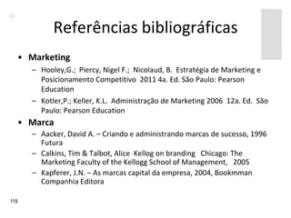 Referências bibliográficas
  • Marketing
      – Hooley,G.; Piercy, Nigel F.; Nicolaud, B. Estratégia de Marketing e
        Posicionamento Competitivo 2011 4a. Ed. São Paulo: Pearson
        Education
      – Kotler,P.; Keller, K.L. Administração de Marketing 2006 12a. Ed. São
        Paulo: Pearson Education
  • Marca
      – Aacker, David A. – Criando e administrando marcas de sucesso, 1996
        Futura
      – Calkins, Tim & Talbot, Alice Kellog on branding Chicago: The
        Marketing Faculty of the Kellogg School of Management, 2005
      – Kapferer, J.N. – As marcas capital da empresa, 2004, Bookmman
        Companhia Editora

119
 