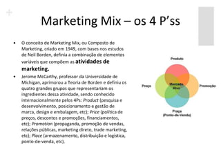 Marketing Mix – os 4 P’ss
•   O conceito de Marketing Mix, ou Composto de
    Marketing, criado em 1949, com bases nos estudos
    de Neil Borden, definia a combinação de elementos
    variáveis que compõem as atividades de
    marketing.
•   Jerome McCarthy, professor da Universidade de
    Michigan, aprimorou a Teoria de Borden e definiu os
    quatro grandes grupos que representariam os
    ingredientes dessa atividade, sendo conhecido
    internacionalmente pelos 4Ps: Product (pesquisa e
    desenvolvimento, posicionamento e gestão de
    marca, design e embalagem, etc); Price (política de
    preços, descontos e promoções, financiamentos,
    etc); Promotion (propaganda, promoção de vendas,
    relações públicas, marketing direto, trade marketing,
    etc); Place (armazenamento, distribuição e logística,
    ponto-de-venda, etc).
 