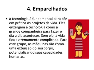 4. Emparelhados
• a tecnologia é fundamental para pôr
  em prática os projetos da vida. Eles
  enxergam a tecnologia como a
  grande companheira para fazer o
  dia a dia acontecer. Sem ela, a vida
  fica extremamente complicada. Para
  este grupo, as máquinas são como
  uma extensão do seu corpo,
  potencializando suas capacidades
  humanas.
 