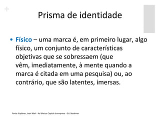 Prisma de identidade

• Físico – uma marca é, em primeiro lugar, algo
  físico, um conjunto de características
  objetivas que se sobressaem (que
  vêm, imediatamente, à mente quando a
  marca é citada em uma pesquisa) ou, ao
  contrário, que são latentes, imersas.



Fonte: Kapferer, Jean Nöel – As Marcas Capital da empresa – Ed. Bookman
 
