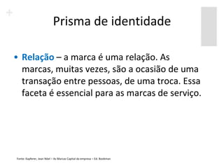 Prisma de identidade

• Relação – a marca é uma relação. As
  marcas, muitas vezes, são a ocasião de uma
  transação entre pessoas, de uma troca. Essa
  faceta é essencial para as marcas de serviço.




Fonte: Kapferer, Jean Nöel – As Marcas Capital da empresa – Ed. Bookman
 