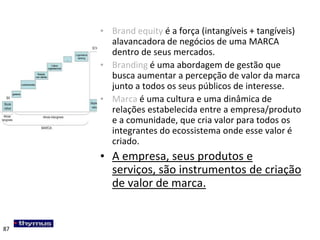 • Brand equity é a força (intangíveis + tangíveis)
       alavancadora de negócios de uma MARCA
       dentro de seus mercados.
     • Branding é uma abordagem de gestão que
       busca aumentar a percepção de valor da marca
       junto a todos os seus públicos de interesse.
     • Marca é uma cultura e uma dinâmica de
       relações estabelecida entre a empresa/produto
       e a comunidade, que cria valor para todos os
       integrantes do ecossistema onde esse valor é
       criado.
     • A empresa, seus produtos e
       serviços, são instrumentos de criação
       de valor de marca.


                                                     87
87
 