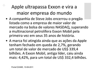 Apple ultrapassa Exxon e vira a
     maior empresa do mundo
• A companhia de Steve Jobs encerrou o pregão
  listada como a empresa de maior valor de
  mercado na bolsa de valores NASDAQ, superando
  a multinacional petrolífera Exxon Mobil pela
  primeira vez em seus 35 anos de história.
• A marca foi atingida ainda que as ações da Apple
  tenham fechado em queda de 2,7%, gerando
  um total de valor de mercado de US$ 339,4
  bilhões. A Exxon Mobil, antiga líder, caiu ainda
  mais: 4,42%, para um total de US$ 332,4 bilhões.

   Portal EXAME, 10-08-2011
 