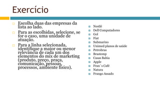 Exercício
 Escolha duas das empresas da
lista ao lado.
 Para as escolhidas, selecione, se
for o caso, uma unidade de
atuação.
 Para a linha selecionada,
identifique a maior ou menor
relevância de cada um dos
elementos do mix de marketing
(produto, preço, praça,
comunicação, pessoas,
processos, ambiente físico).
 Nestlé
 Dell Computadores
 Gol
 Fiat
 Submarino
 Unimed planos de saúde
 Petrobras
 Brastemp
 Casas Bahia
 Apple
 Fran´s Café
 Natura
 Frango Assado
 