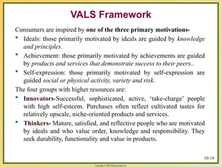 Copyright © 2003 Prentice-Hall, Inc.
Consumers are inspired by one of the three primary motivations-
 Ideals: those primarily motivated by ideals are guided by knowledge
and principles.
 Achievement: those primarily motivated by achievements are guided
by products and services that demonstrate success to their peers..
 Self-expression: those primarily motivated by self-expression are
guided social or physical activity, variety and risk.
The four groups with higher resources are:
 Innovators-Successful, sophisticated, active, ‘take-charge’ people
with high self-esteem. Purchases often reflect cultivated tastes for
relatively upscale, niche-oriented products and services.
 Thinkers- Mature, satisfied, and reflective people who are motivated
by ideals and who value order, knowledge and responsibility. They
seek durability, functionality and value in products.
VALS Framework
10-19
 
