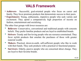 Copyright © 2003 Prentice-Hall, Inc.
10-20
• Achievers- Successful, goal-oriented people who focus on career and
family. They favor premium products that demonstrate success to their peers.
• Experiencers- Young, enthusiastic, impulsive people who seek variety and
excitement. They spend a comparatively high proportion of income on
fashion, entertainment and socializing.
The other four groups with lower resources are:
 Believers- Conservative, conventional and traditional people with concrete
beliefs. They prefer familiar products and are loyal to established brands.
 Strivers- Trendy and fun-loving people who are resource-constrained. They
favor stylish products that emulate the purchases of those with greater
material wealth.
 Makers- Practical, down-to-earth, self-sufficient people who like to work
with their hands. They seek products with a practical or functional purpose.
 Survivors- Elderly, passive people who are concerned about change. They
are loyal to their favorite brands.
VALS Framework
 