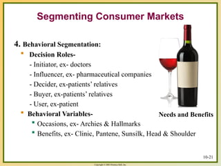 Copyright © 2003 Prentice-Hall, Inc.
10-21
Segmenting Consumer Markets
4. Behavioral Segmentation:
 Decision Roles-
- Initiator, ex- doctors
- Influencer, ex- pharmaceutical companies
- Decider, ex-patients’ relatives
- Buyer, ex-patients’ relatives
- User, ex-patient
 Behavioral Variables-
 Occasions, ex- Archies & Hallmarks
 Benefits, ex- Clinic, Pantene, Sunsilk, Head & Shoulder
Needs and Benefits
 