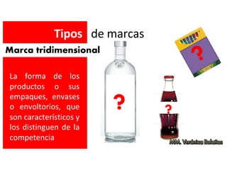Marca tridimensional
Tipos de marcas
La forma de los
productos o sus
empaques, envases
o envoltorios, que
son característicos y
los distinguen de la
competencia
? ?
?
 