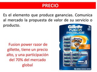 PRECIO
Es el elemento que produce ganancias. Comunica
al mercado la propuesta de valor de su servicio o
producto.
Fusion power razor de
gillette, tiene un precio
alto, y una participación
del 70% del mercado
global
 