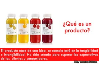 El producto nace de una idea, su esencia está en la tangibilidad
e intangibilidad. Ha sido creado para superar las expectativas
de los clientes y consumidores.
¿Qué es un
producto?
 