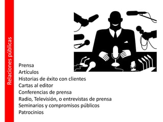 Prensa
Artículos
Historias de éxito con clientes
Cartas al editor
Conferencias de prensa
Radio, Televisión, o entrevistas de prensa
Seminarios y compromisos públicos
Patrocinios
Relaciones
públicas
 