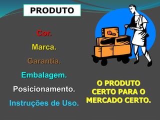 PRODUTO
O PRODUTO
CERTO PARA O
MERCADO CERTO.
Cor.
Marca.
Garantia.
Embalagem.
Posicionamento.
Instruções de Uso.
 