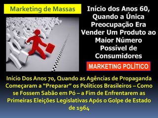 Marketing de Massas Início dos Anos 60,
Quando a Única
Preocupação Era
Vender Um Produto ao
Maior Número
Possível de
Consumidores
MARKETING POLÍTICO
Início Dos Anos 70, Quando as Agências de Propaganda
Começaram a “Preparar” os Políticos Brasileiros – Como
se Fossem Sabão em Pó – a Fim de Enfrentarem as
Primeiras Eleições Legislativas Após o Golpe de Estado
de 1964
 