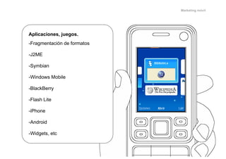 Marketing móvil




Aplicaciones, juegos.
-Fragmentación de formatos

-J2ME

-Symbian

-Windows Mobile

-BlackBerry

-Flas...